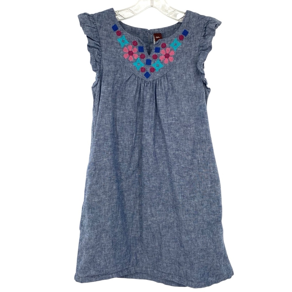 Tea Collection Girls Chambray Embroidered Dress Linen Cotton